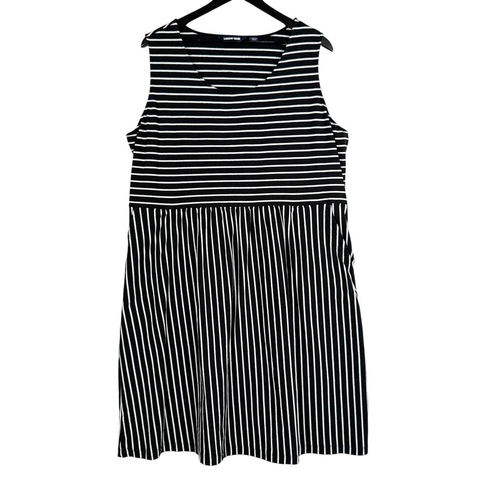 Lands' End Black White Stripe Mini Dress w Pockets - Plus 2X 20W-22W